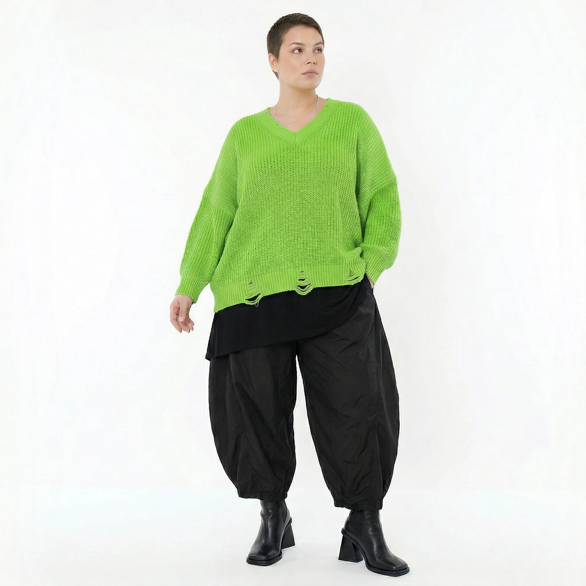 AKH Premium Strick Überwurf neongrün Oversize Damenpullover mit V-Ausschnitt Modeare Lagenlook Avantgarde Baumwolle Acryl