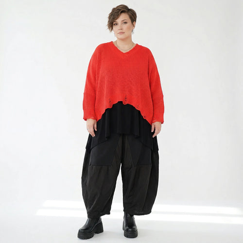 Oversize Strick Überwurf Orange V-Ausschnitt Destroyed Look AKH Premium bei Modeare kaufen für Damen im Lagenlook