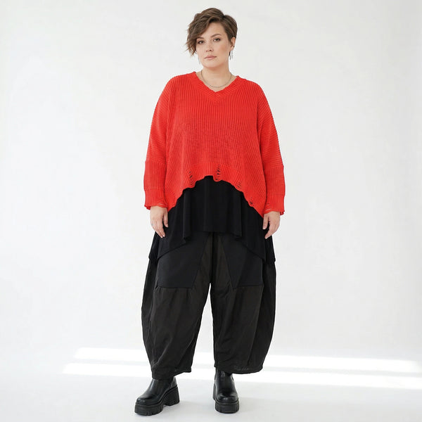 Oversize Strick Überwurf Orange V-Ausschnitt Destroyed Look AKH Premium bei Modeare kaufen für Damen im Lagenlook