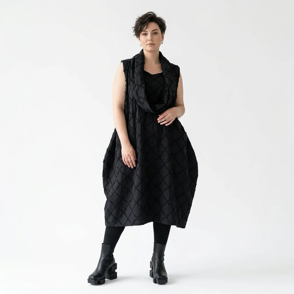 Ballonkleid Oversize schwarz mit Struktur aus Baumwolle Avantgarde Look AKH Premium Modeare für Lagenlook Damenmode modern und luftig