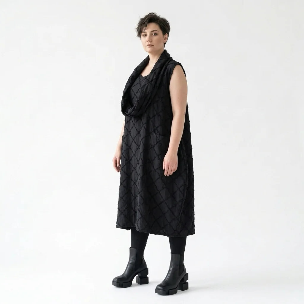 Ballonkleid Oversize schwarz mit Struktur aus Baumwolle Avantgarde Look AKH Premium Modeare für Lagenlook Damenmode modern und luftig