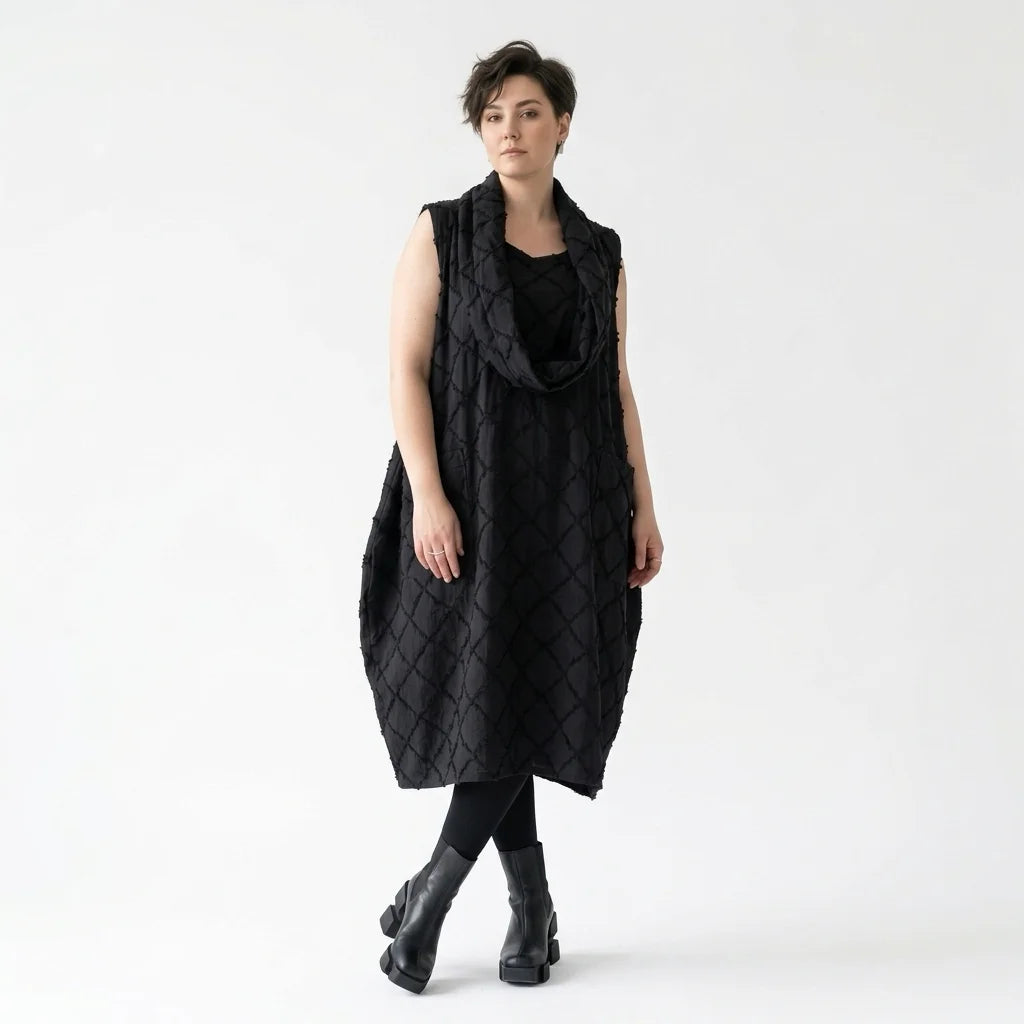 Ballonkleid Oversize schwarz mit Struktur aus Baumwolle Avantgarde Look AKH Premium Modeare für Lagenlook Damenmode modern und luftig
