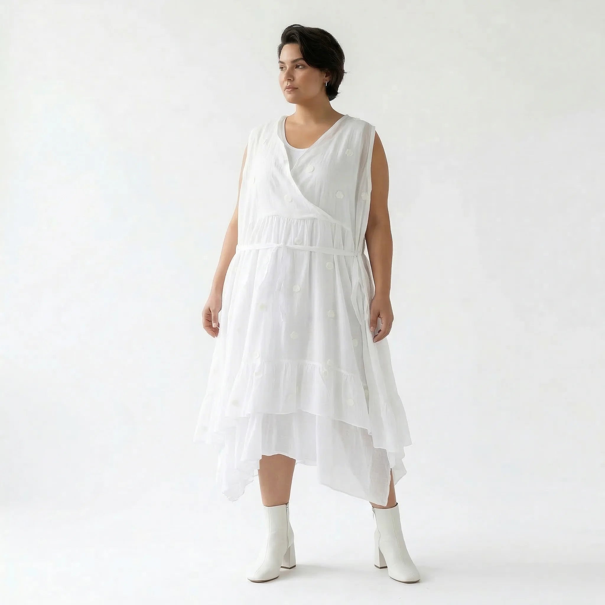 Oversize Kleid weiß A Form Wickeloptik Baumwolle luftig elegant AKH Premium Modeare Damen Lagenlook modern stilvoll