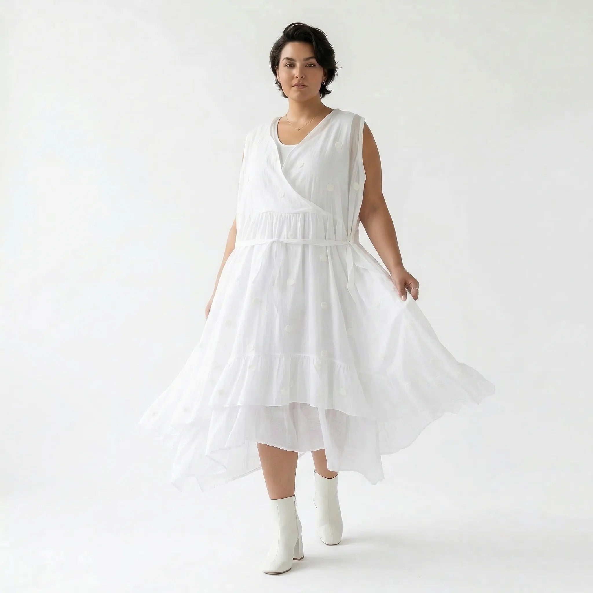 Oversize Kleid weiß A Form Wickeloptik Baumwolle luftig elegant AKH Premium Modeare Damen Lagenlook modern stilvoll