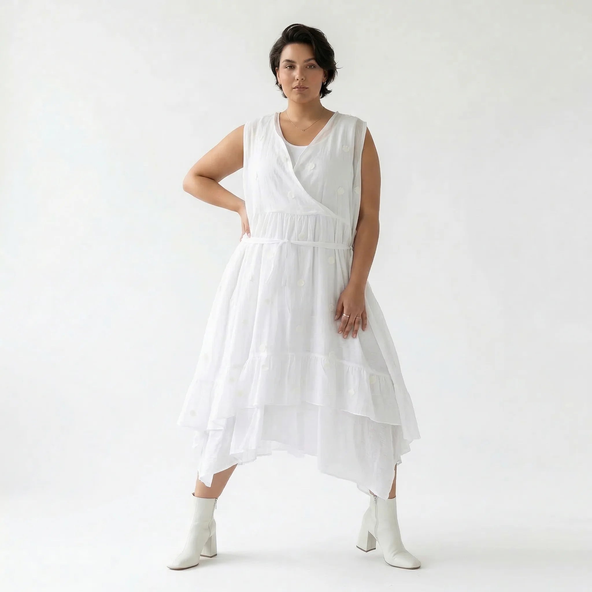 Oversize Kleid weiß A Form Wickeloptik Baumwolle luftig elegant AKH Premium Modeare Damen Lagenlook modern stilvoll