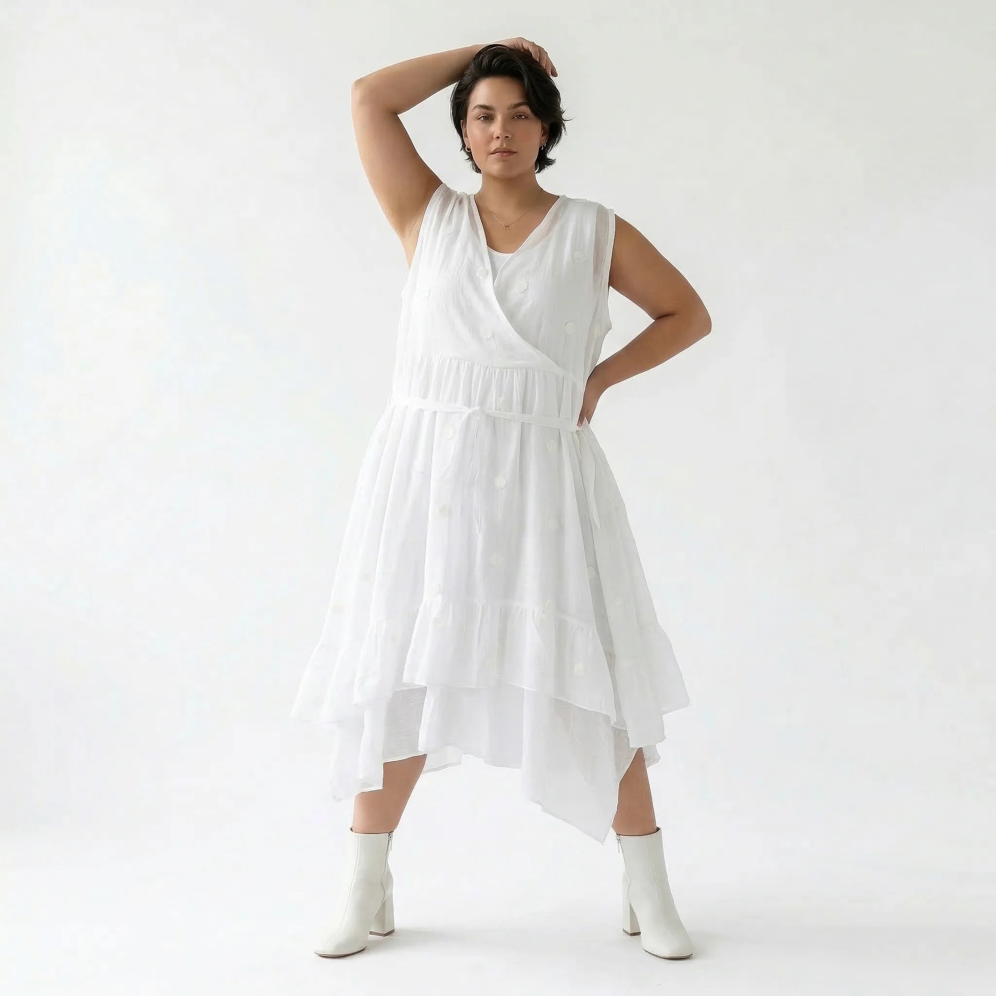 Oversize Kleid weiß A Form Wickeloptik Baumwolle luftig elegant AKH Premium Modeare Damen Lagenlook modern stilvoll