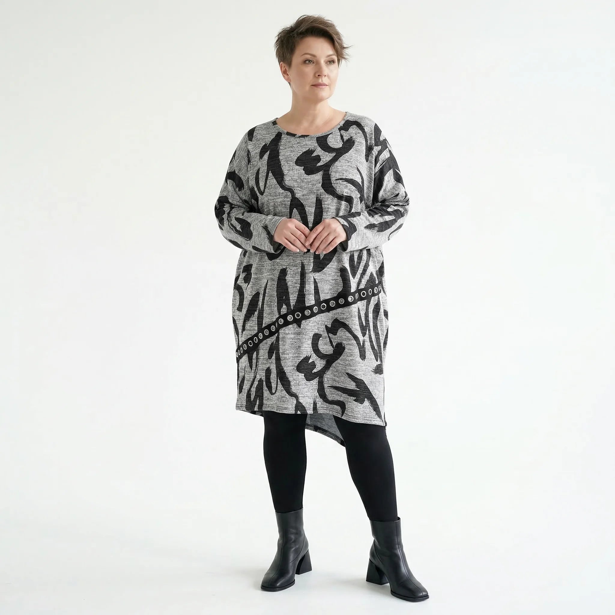 Oversize Tunika grau asymmetrisch abstrakter Print stretch AKH Premium Modeare Lagenlook Damen weich warm Übergang modern Style