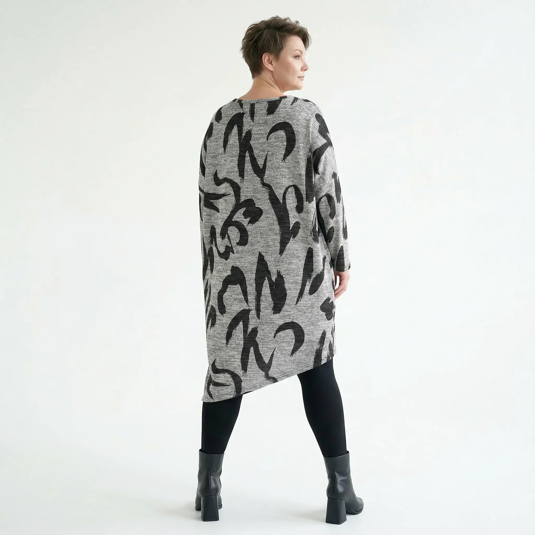 Oversize Tunika grau asymmetrisch abstrakter Print stretch AKH Premium Modeare Lagenlook Damen weich warm Übergang modern Style