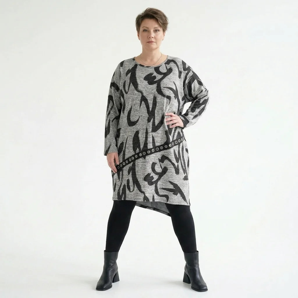 Oversize Tunika grau asymmetrisch abstrakter Print stretch AKH Premium Modeare Lagenlook Damen weich warm Übergang modern Style