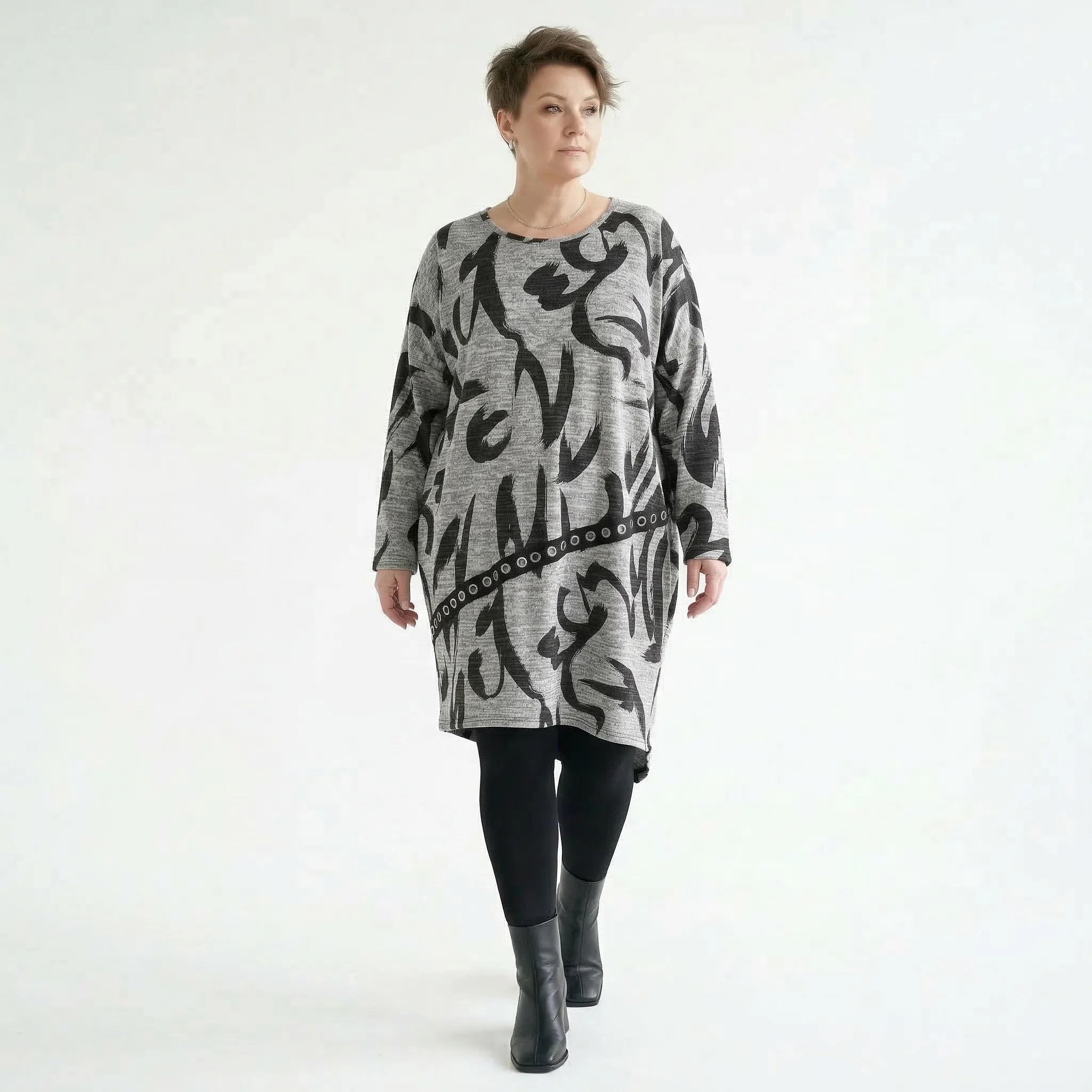 Oversize Tunika grau asymmetrisch abstrakter Print stretch AKH Premium Modeare Lagenlook Damen weich warm Übergang modern Style