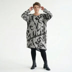 Oversize Tunika grau asymmetrisch abstrakter Print stretch AKH Premium Modeare Lagenlook Damen weich warm Übergang modern Style