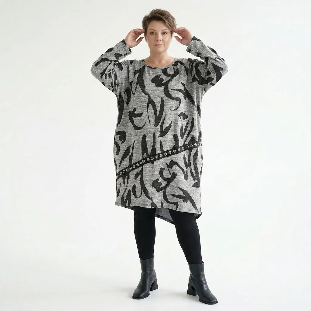 Oversize Tunika grau asymmetrisch abstrakter Print stretch AKH Premium Modeare Lagenlook Damen weich warm Übergang modern Style