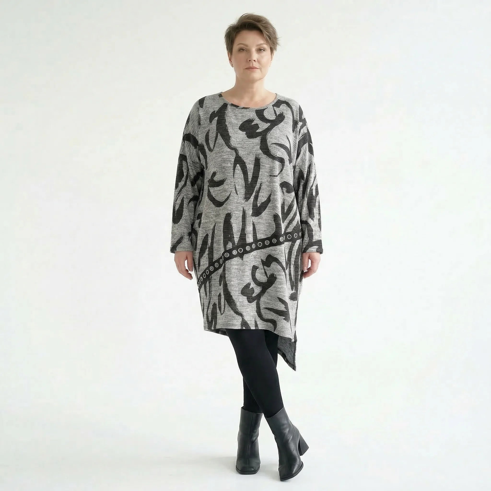 Oversize Tunika grau asymmetrisch abstrakter Print stretch AKH Premium Modeare Lagenlook Damen weich warm Übergang modern Style