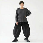 Oversize Feinstrick Shirt Damen anthrazit mit Taschen und Fransen Detail AKH Premium Modeare Lagenlook weich stretch Übergang