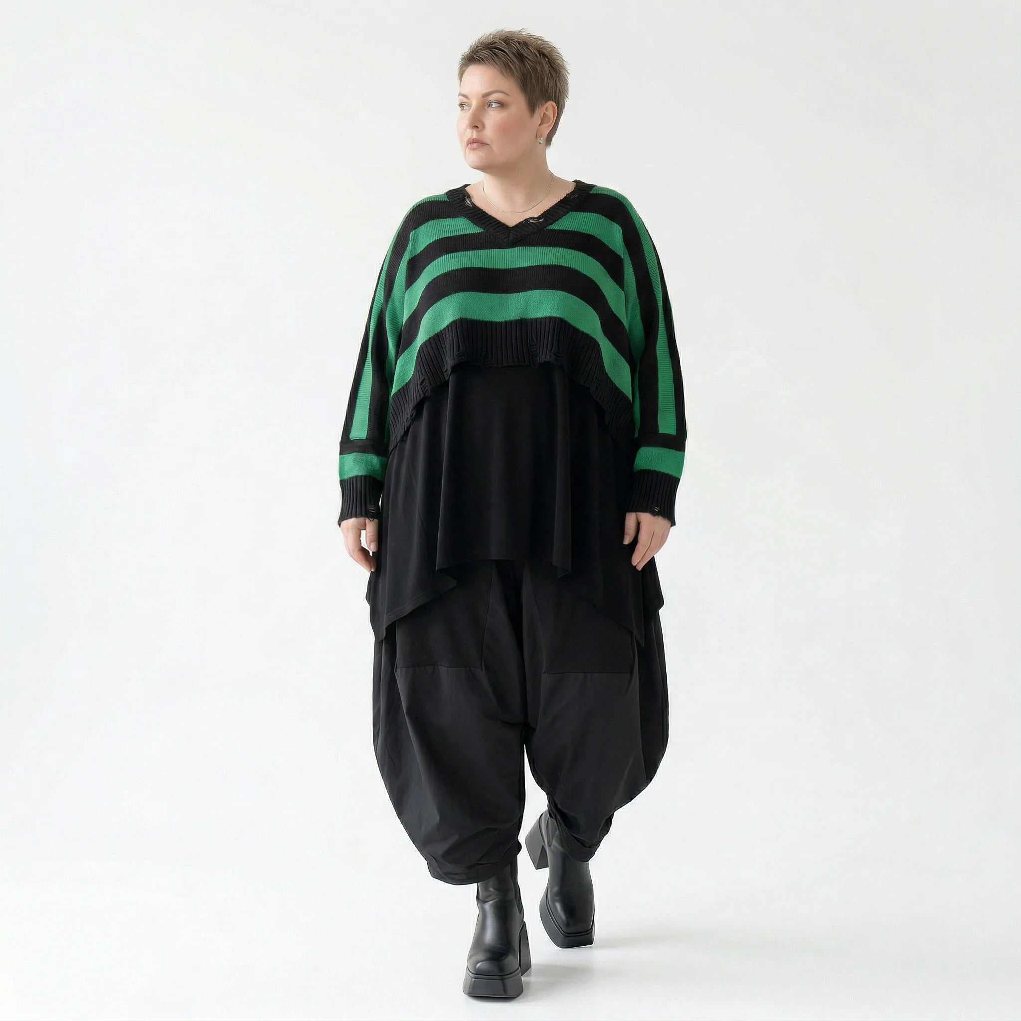 Strick Überwurf Damen Oversize Streifen Look weich Baumwolle kastig AKH Premium Modeare Layering Avantgarde bequem Statement Style