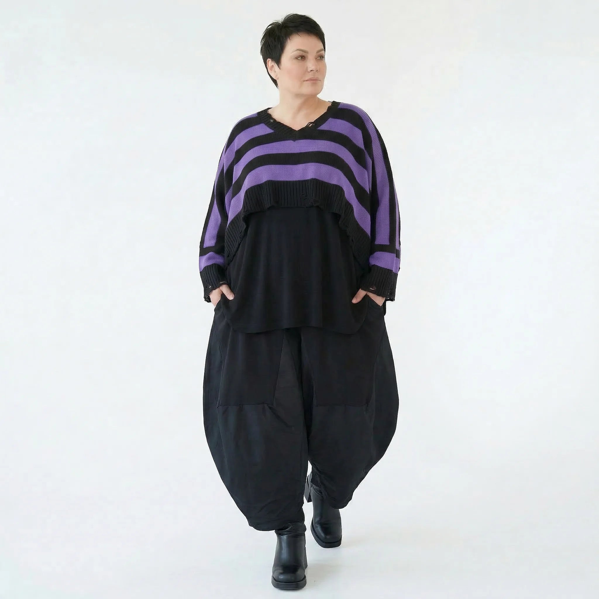 Strick Überwurf Damen Oversize Streifen Look weich Baumwolle kastig AKH Premium Modeare Layering Avantgarde bequem Trend Style