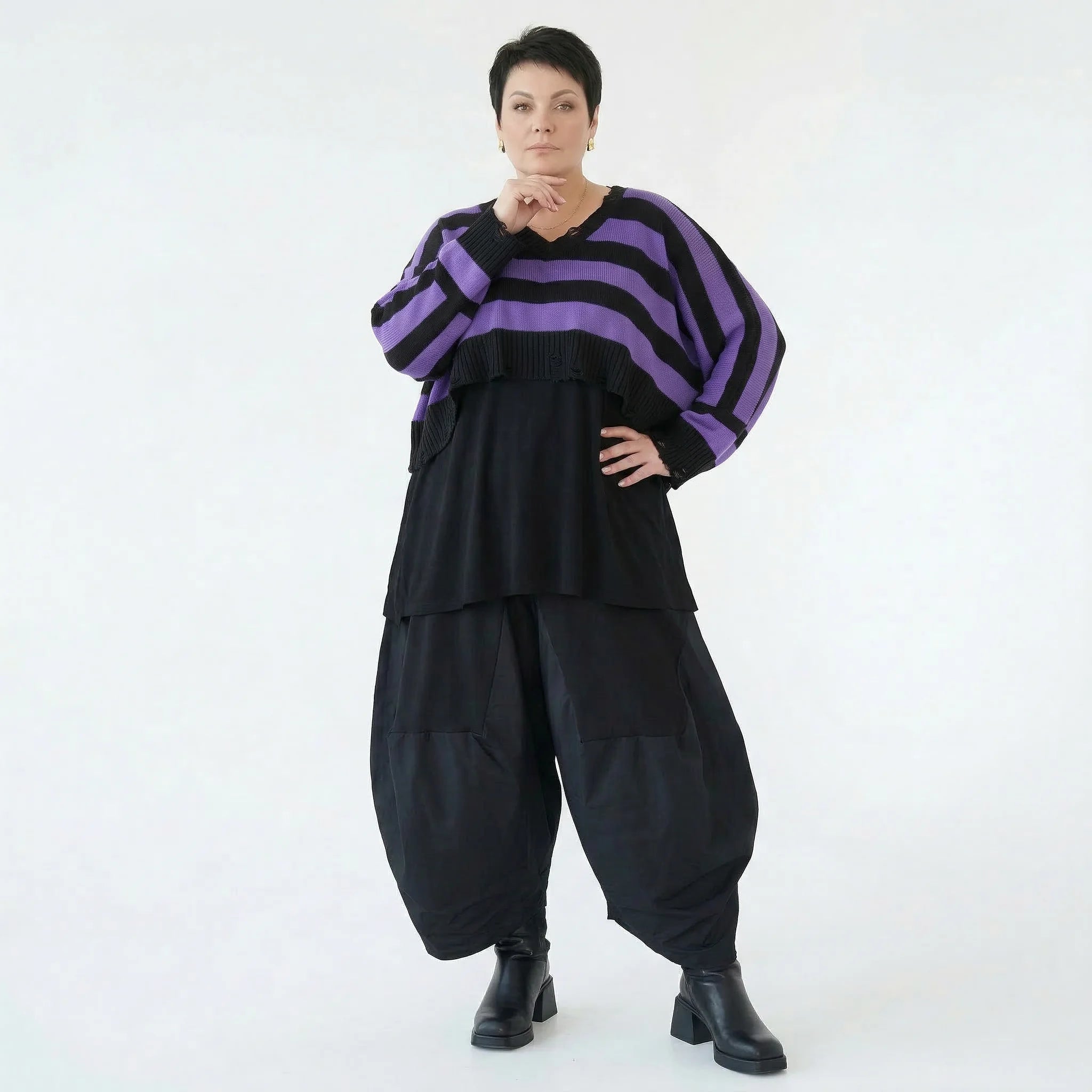 Strick Überwurf Damen Oversize Streifen Look weich Baumwolle kastig AKH Premium Modeare Layering Avantgarde bequem Trend Style
