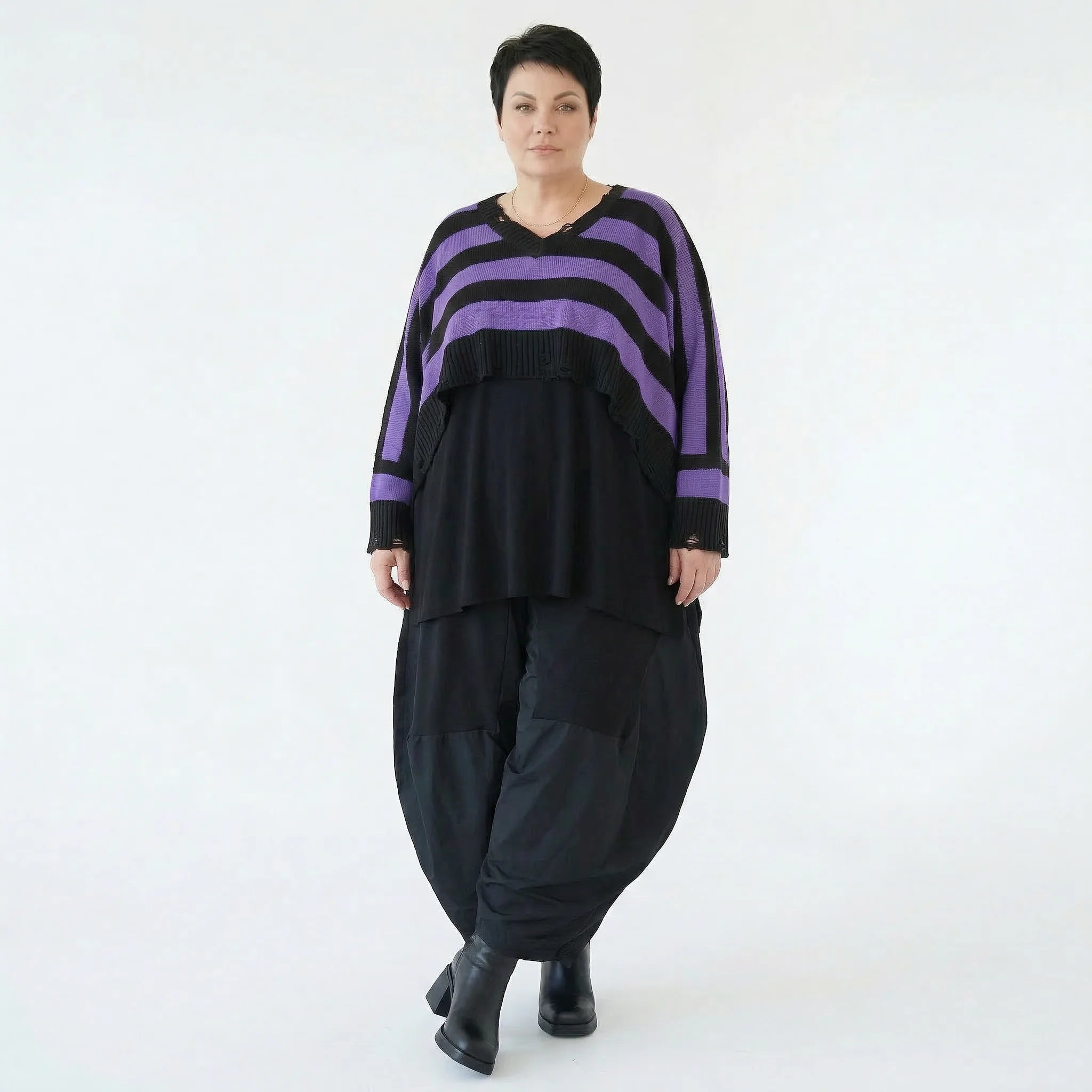 Strick Überwurf Damen Oversize Streifen Look weich Baumwolle kastig AKH Premium Modeare Layering Avantgarde bequem Trend Style