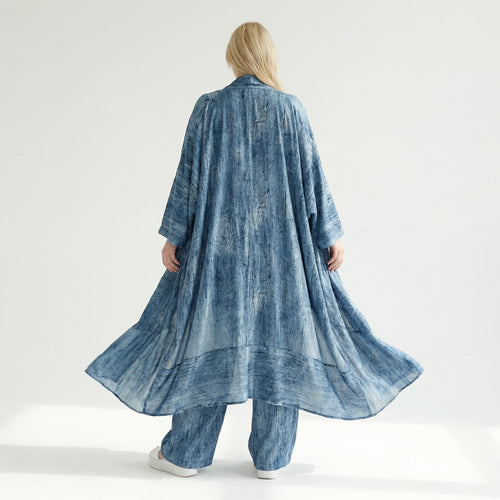 3-Teiler Damen Set B-ONE Blau Oversize Cardigan Shirt Hose Baumwolle Jersey Made in Türkei – EU 40/50 – Lagenlook