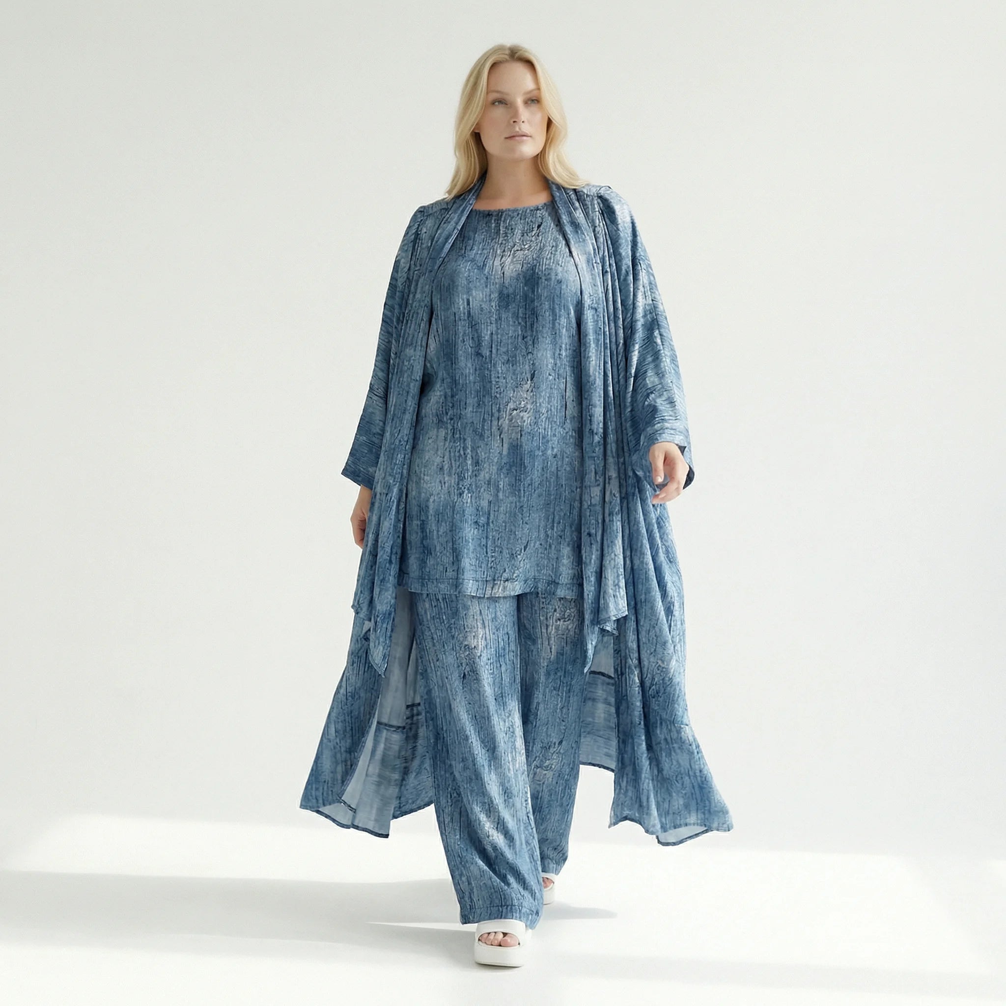 3-Teiler Damen Set B-ONE Blau Oversize Cardigan Shirt Hose Baumwolle Jersey Made in Türkei – EU 40/50 – Lagenlook