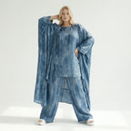 3-Teiler Damen Set B-ONE Blau Oversize Cardigan Shirt Hose Baumwolle Jersey Made in Türkei – EU 40/50 – Lagenlook