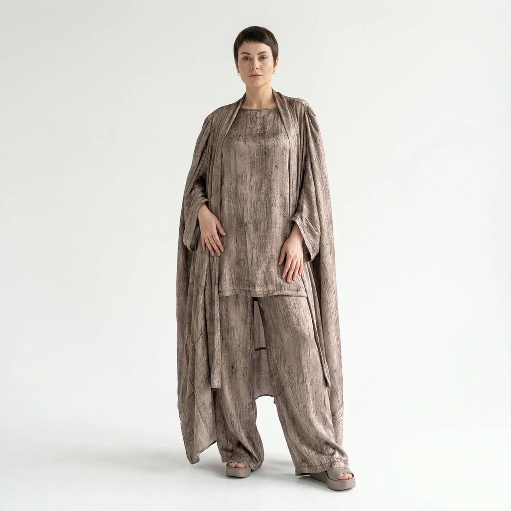 3-Teiler Damen Set B-ONE Taupe-Bronze Oversize Cardigan Shirt Hose Baumwolle Jersey Türkei – EU 40/50 – Lagenlook