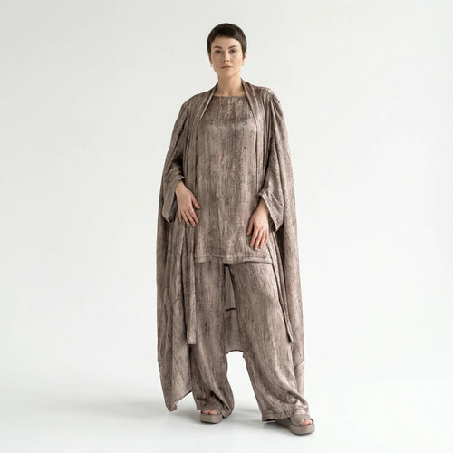 3-Teiler Damen Set B-ONE Taupe-Bronze Oversize Cardigan Shirt Hose Baumwolle Jersey Türkei – EU 40/50 – Lagenlook
