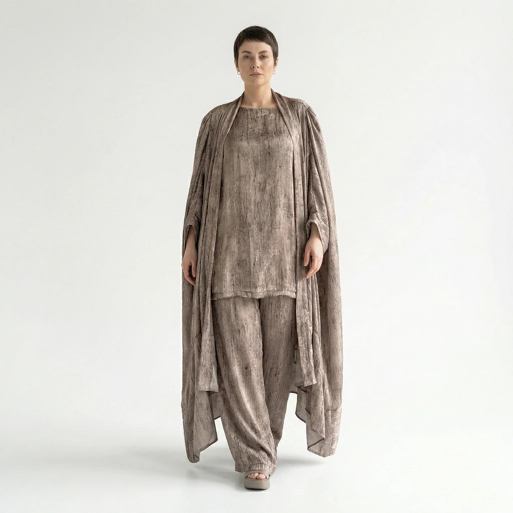 3-Teiler Damen Set B-ONE Taupe-Bronze Oversize Cardigan Shirt Hose Baumwolle Jersey Türkei – EU 40/50 – Lagenlook