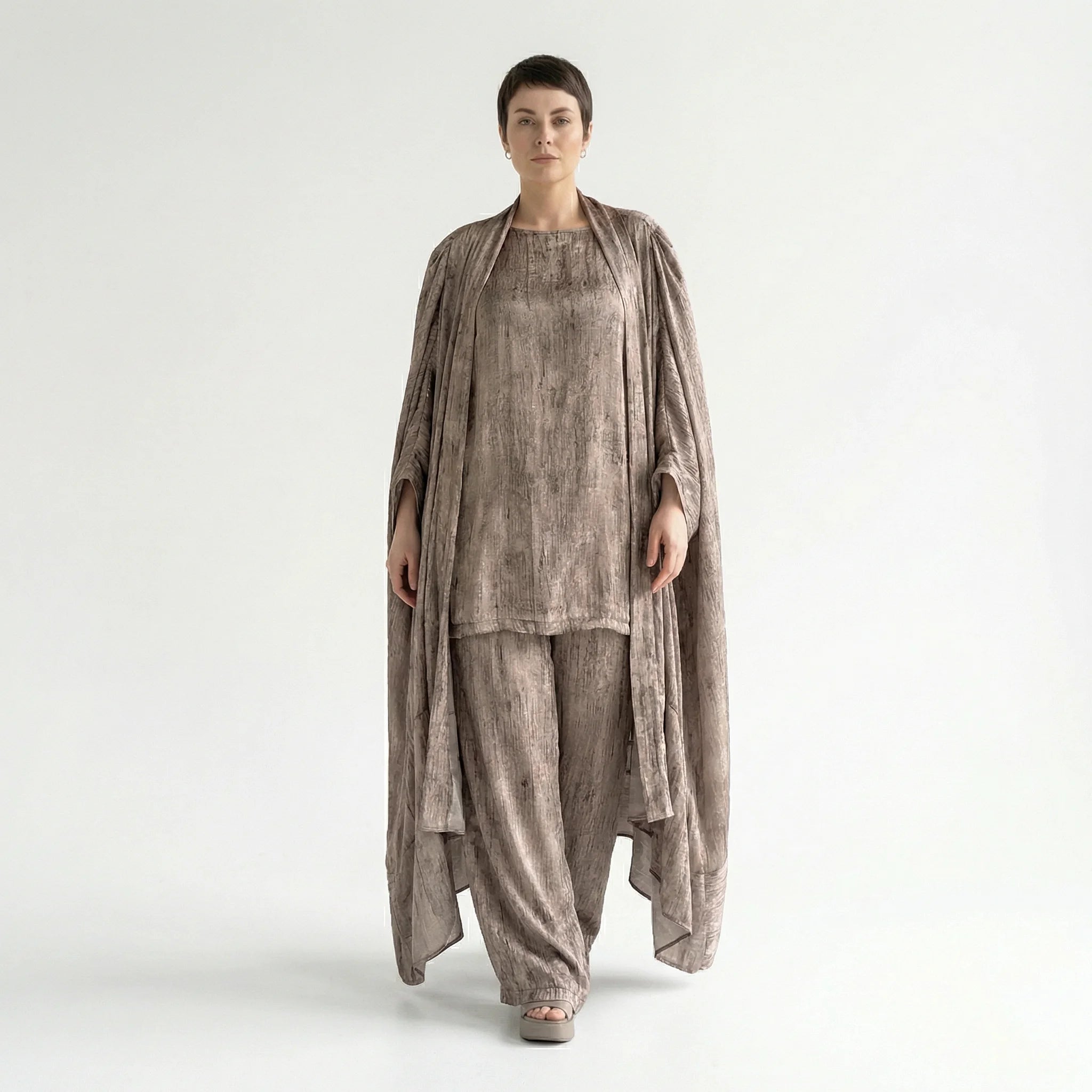 3-Teiler Damen Set B-ONE Taupe-Bronze Oversize Cardigan Shirt Hose Baumwolle Jersey Türkei – EU 40/50 – Lagenlook