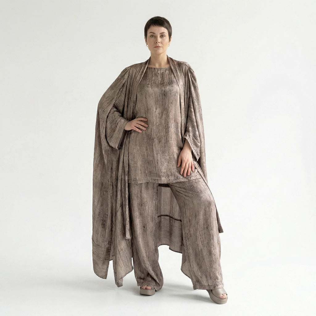 3-Teiler Damen Set B-ONE Taupe-Bronze Oversize Cardigan Shirt Hose Baumwolle Jersey Türkei – EU 40/50 – Lagenlook