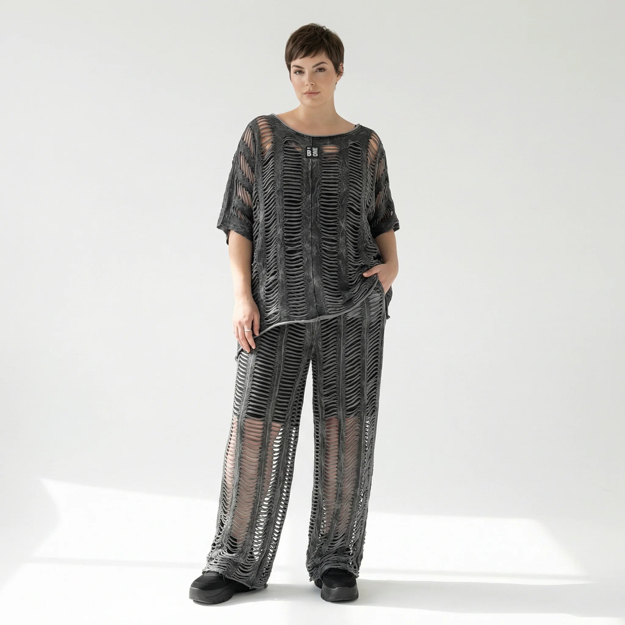 B-ONE Damen 3-Teiler Top, Shirt & Hose in Grau Cut-Out-Look, Baumwolle, Oversize, EU 40/50