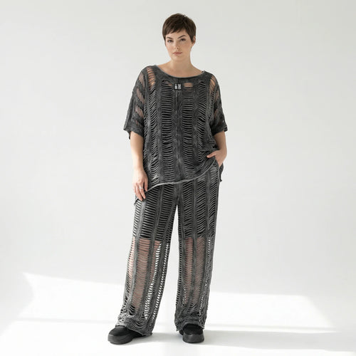 B-ONE Damen 3-Teiler Top, Shirt & Hose in Grau Cut-Out-Look, Baumwolle, Oversize, EU 40/50