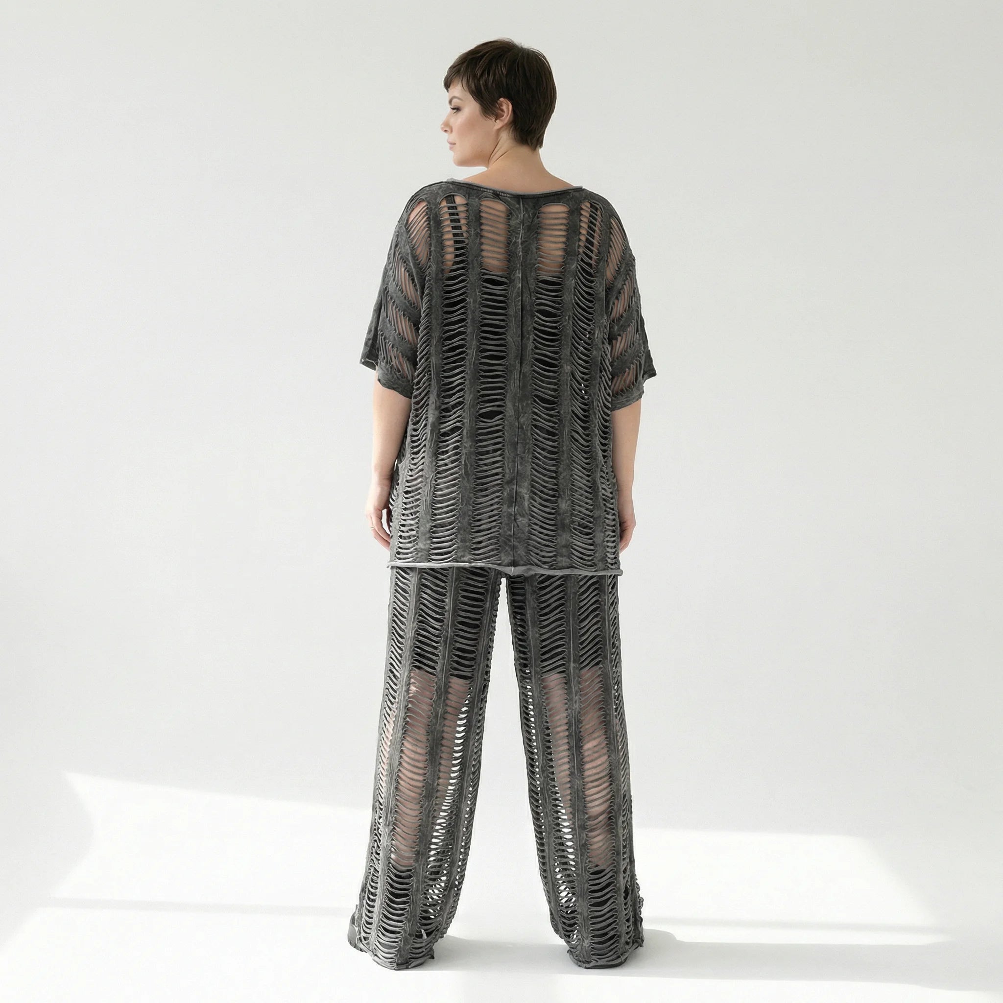 B-ONE Damen 3-Teiler Top, Shirt & Hose in Grau Cut-Out-Look, Baumwolle, Oversize, EU 40/50