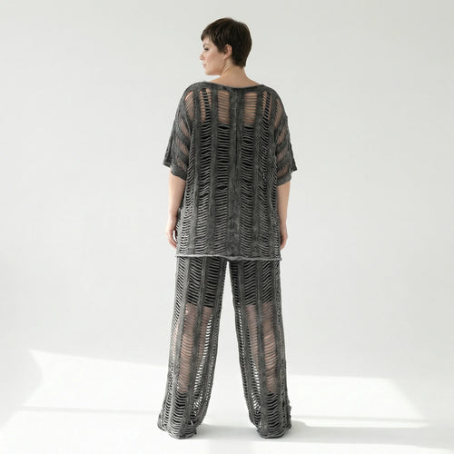 B-ONE Damen 3-Teiler Top, Shirt & Hose in Grau Cut-Out-Look, Baumwolle, Oversize, EU 40/50
