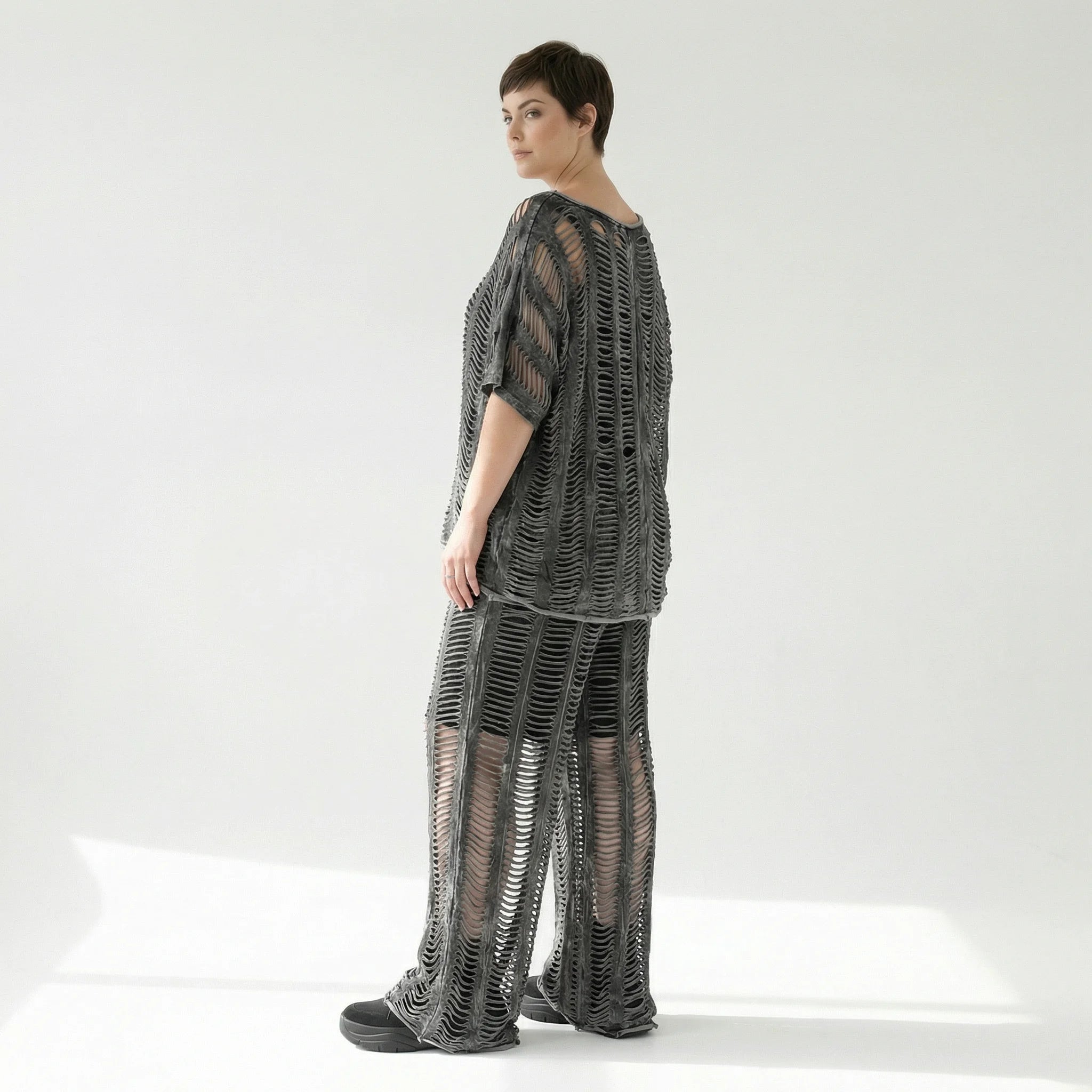 B-ONE Damen 3-Teiler Top, Shirt & Hose in Grau Cut-Out-Look, Baumwolle, Oversize, EU 40/50