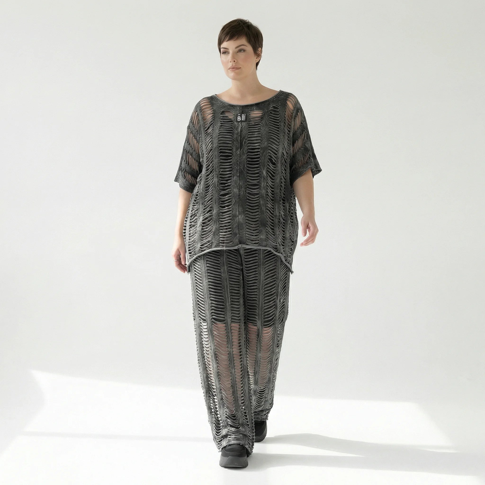 B-ONE Damen 3-Teiler Top, Shirt & Hose in Grau Cut-Out-Look, Baumwolle, Oversize, EU 40/50