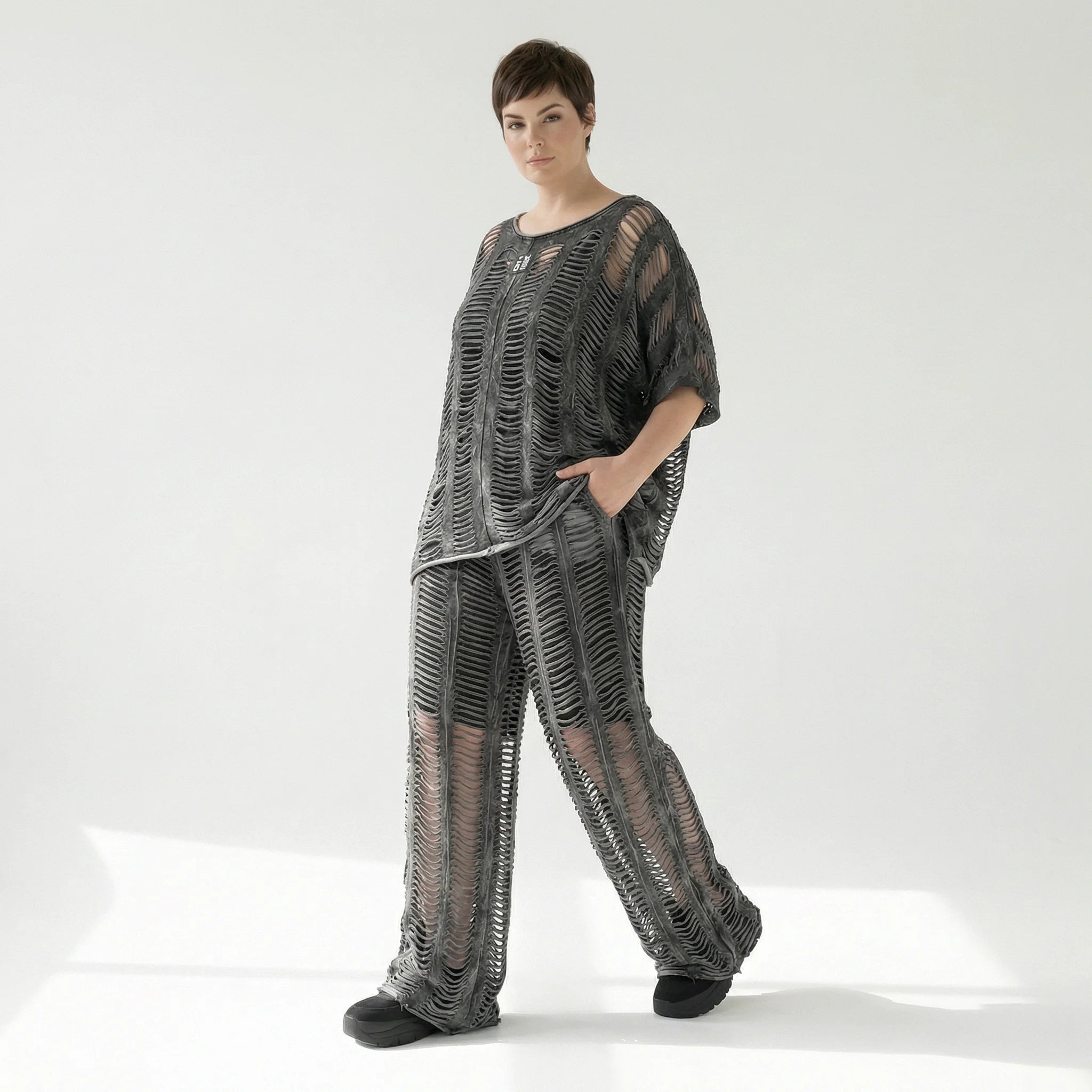 B-ONE Damen 3-Teiler Top, Shirt & Hose in Grau Cut-Out-Look, Baumwolle, Oversize, EU 40/50