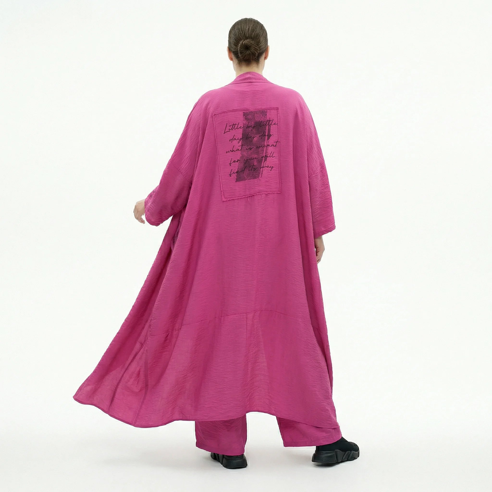 Damen 3-Teiler Magenta B-ONE – Shirt, Hose & Cardigan mit Prints aus Baumwolle, EU 40/50, Oversize-Stil, Künstlerlook