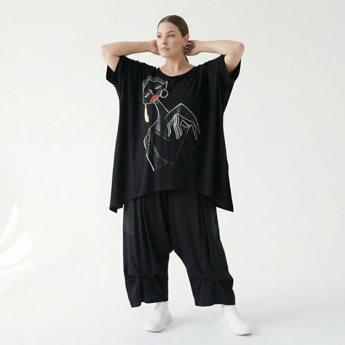 Damen Hose Avantgarde Rayon Schwarz, gerader Schnitt, Seitentaschen, Oversize große Größen – Maxlive