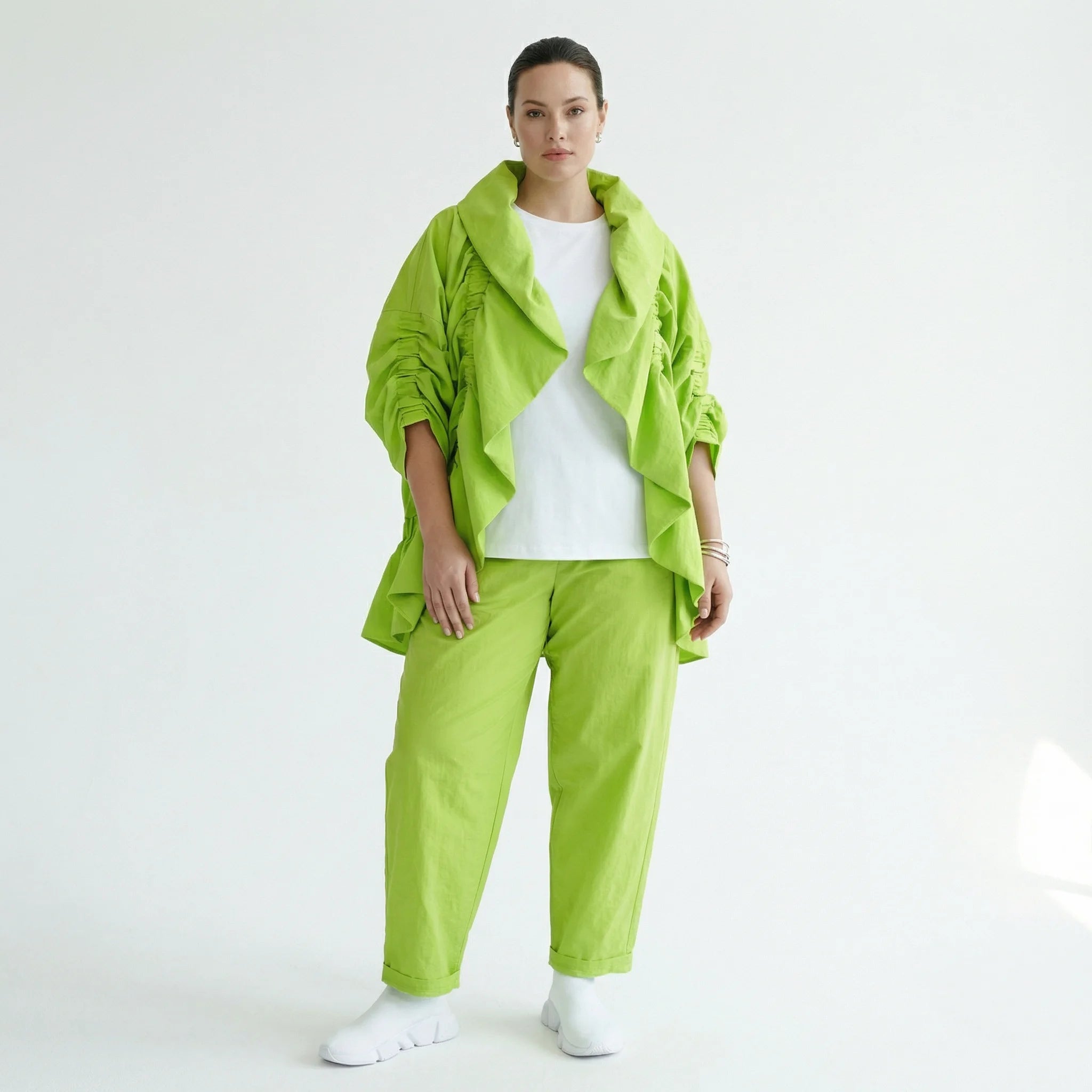 Cadrelli Damen Zweiteiler Neon-Limette – Jacke & Hose aus Viskose, EU 38/48, Oversize, Lagenlook, Made in Turkey