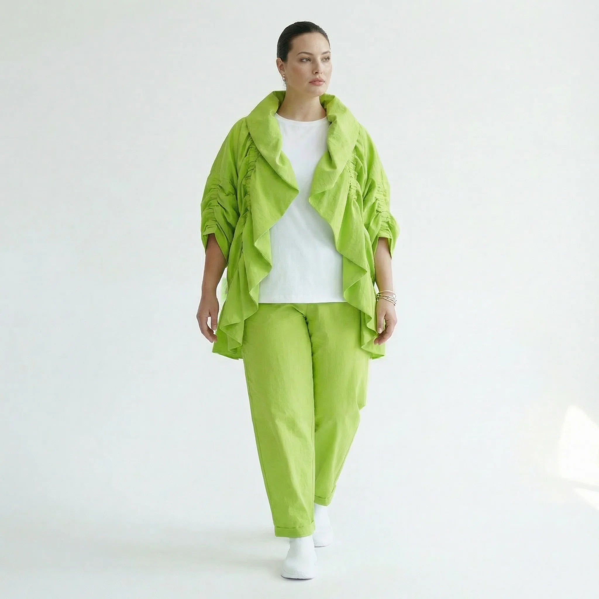 Cadrelli Damen Zweiteiler Neon-Limette – Jacke & Hose aus Viskose, EU 38/48, Oversize, Lagenlook, Made in Turkey
