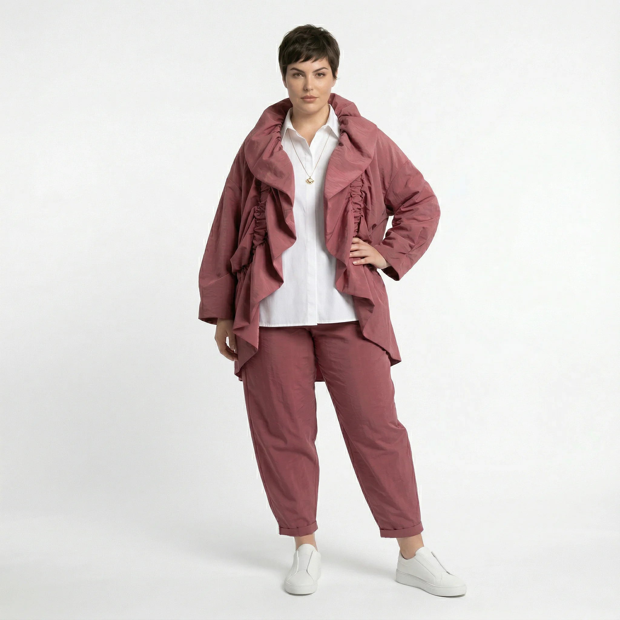 Cadrelli Damen Zweiteiler Rosébraun – Oversize Jacke & Hose, Viskose, Made in Turkey, EU 38/48, Lagenlook, Avantgarde-Outfit
