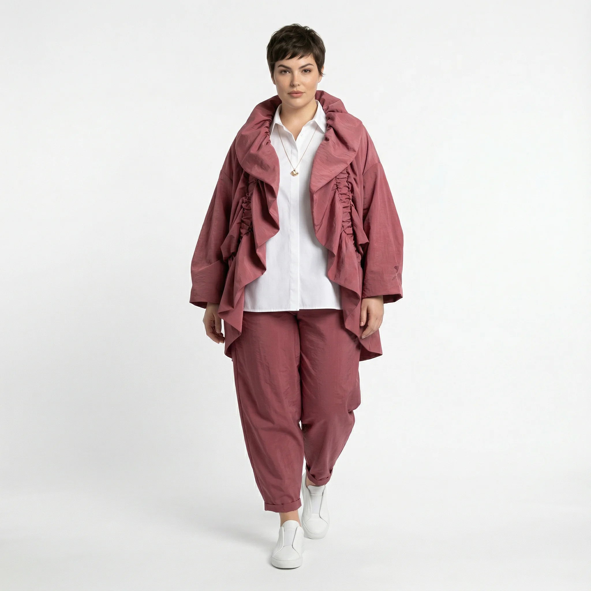 Cadrelli Damen Zweiteiler Rosébraun – Oversize Jacke & Hose, Viskose, Made in Turkey, EU 38/48, Lagenlook, Avantgarde-Outfit