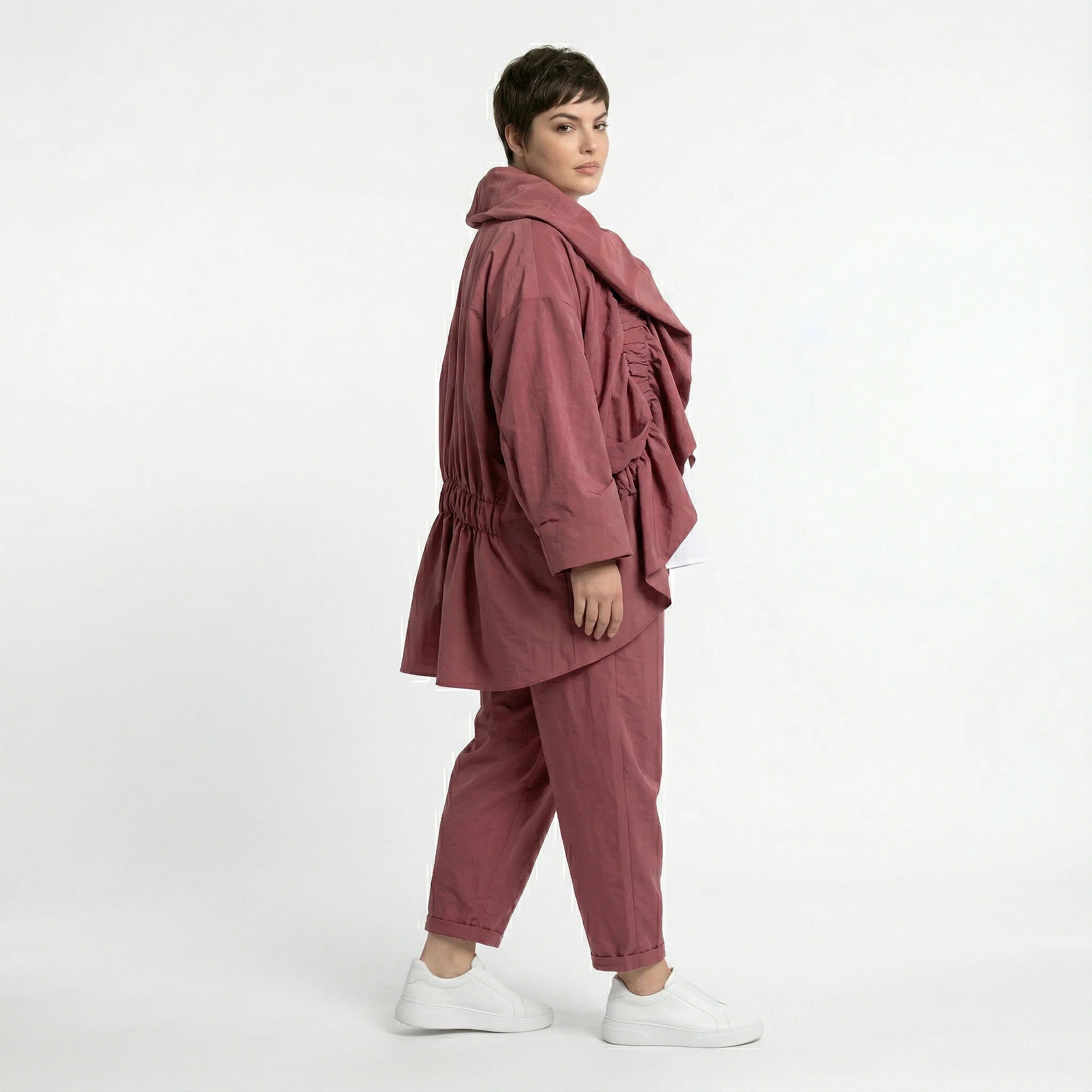 Cadrelli Damen Zweiteiler Rosébraun – Oversize Jacke & Hose, Viskose, Made in Turkey, EU 38/48, Lagenlook, Avantgarde-Outfit