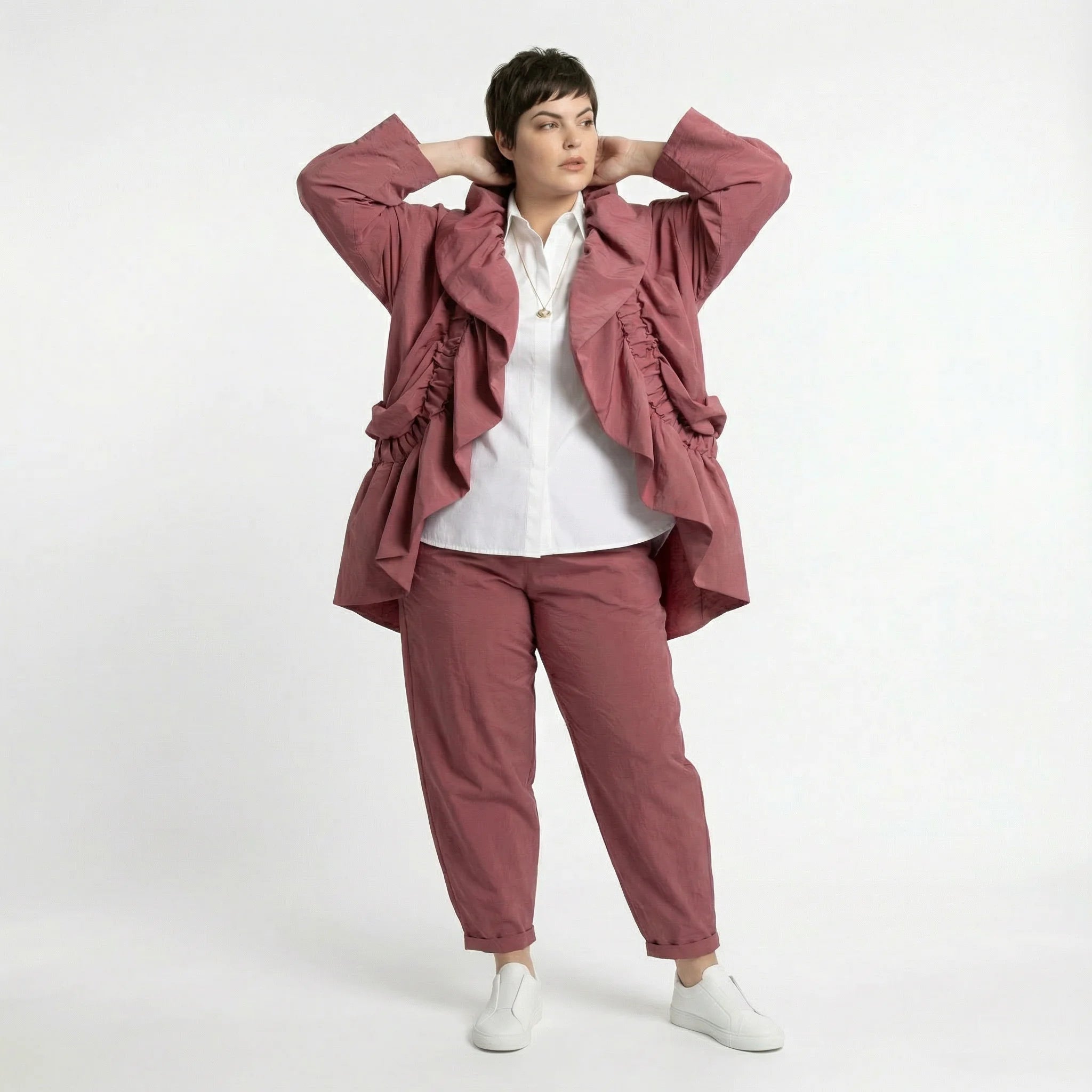 Cadrelli Damen Zweiteiler Rosébraun – Oversize Jacke & Hose, Viskose, Made in Turkey, EU 38/48, Lagenlook, Avantgarde-Outfit