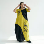 Oversize Maxikleid in Sonnengelb Schwarz mit Pinselstrichprint asymmetrisch aus Jersey