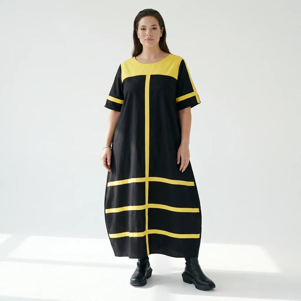 Schwarzgelbes Maxikleid mit Kontraststreifen aus Viskose Popeline locker weit in A-Linie