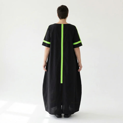 Schwarzgrünes Maxikleid Oversize mit Kontraststreifen Halbarm weit aus Viskosepopeline