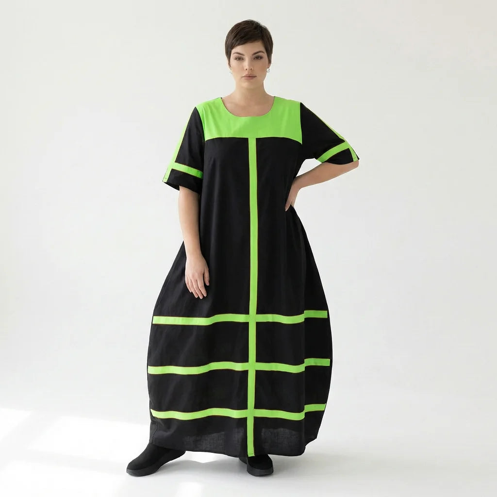 Schwarzgrünes Maxikleid Oversize mit Kontraststreifen Halbarm weit aus Viskosepopeline