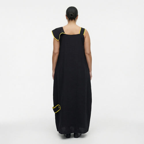 Schwarzgelbes Maxikleid weit aus Baumwolljersey mit Stickerei U-BootAusschnitt Taschen